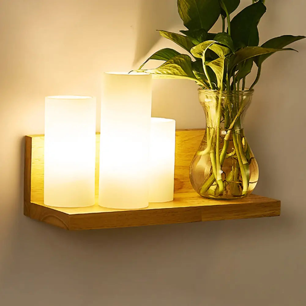 Wood & Cream Glass Wall Sconce for Stairway, Geometric Single-Light Fixture, E26 Base, Flush-Mount Design for Hallway & Bedroom Lighting