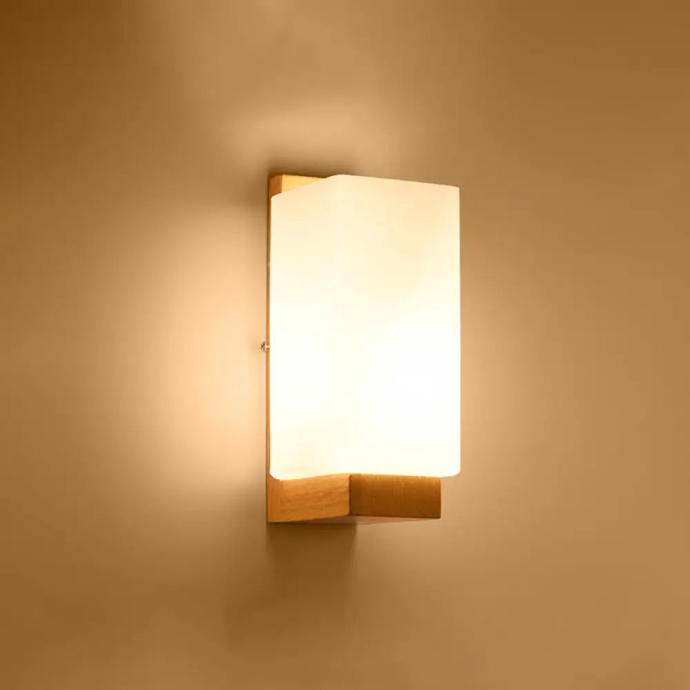 Wood & Cream Glass Wall Sconce for Stairway, Geometric Single-Light Fixture, E26 Base, Flush-Mount Design for Hallway & Bedroom Lighting