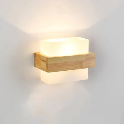 Wood & Cream Glass Wall Sconce for Stairway, Geometric Single-Light Fixture, E26 Base, Flush-Mount Design for Hallway & Bedroom Lighting