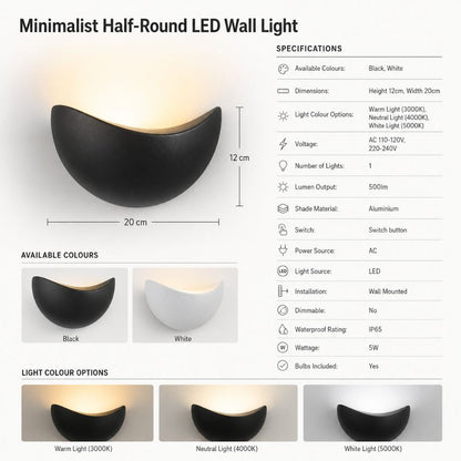 Half-Moon Aluminum LED Sconce – 5W Low-Profile Fixture for Bedroom, Hallway & Porch – IP65 Weatherproof Wall Lighting 3000K-5000K