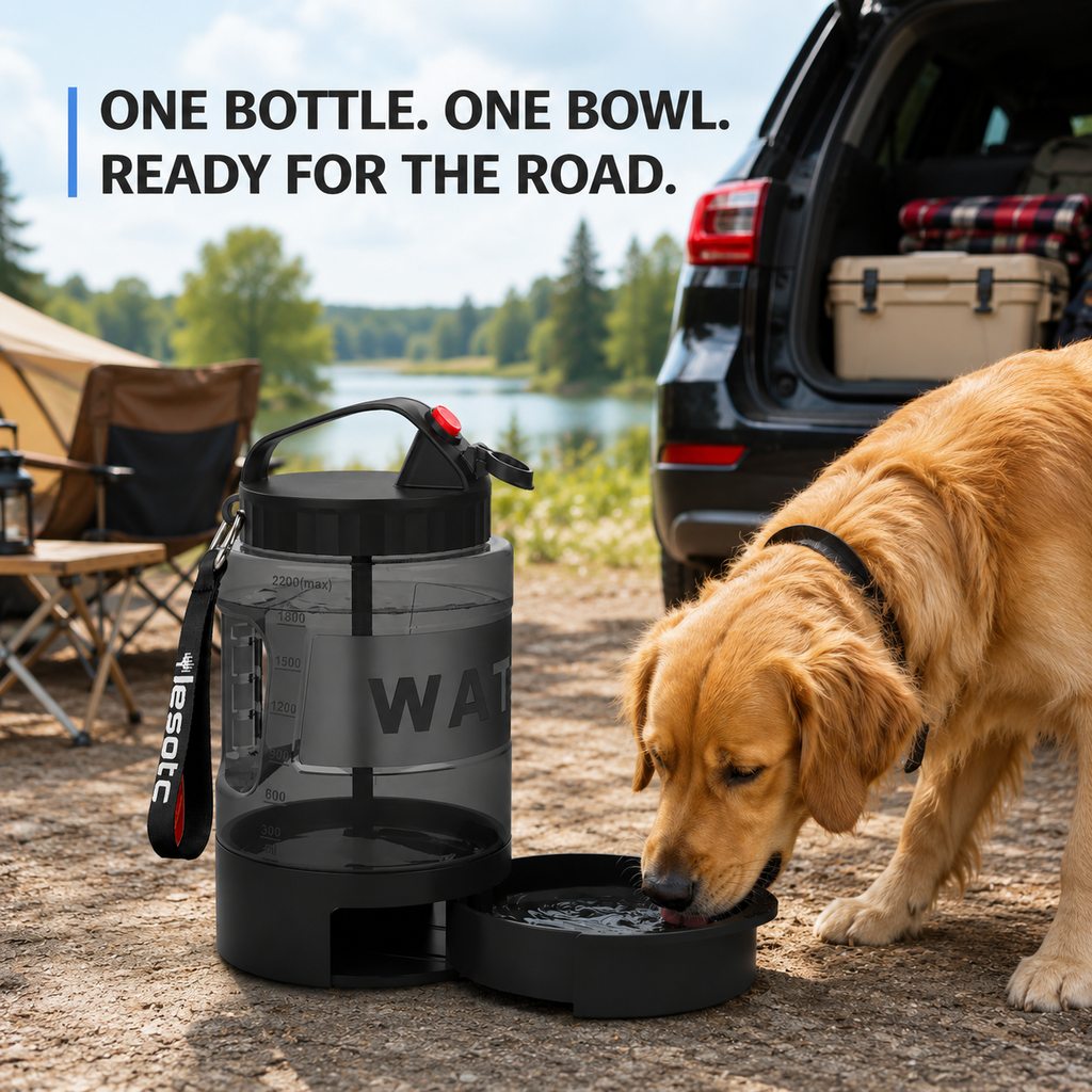 Ortekor 2.2L Portable Dog Travel Water Bottle with Pull-Out Bowl - Fewer Refills for Hiking, Camping & Road Trips