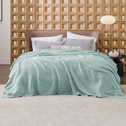 Pure Cotton Thermal Blanket – Queen 90×90 in – Textured Weave Layer for All Seasons – Lightweight & Breathable Throw for Bed or Sofa
