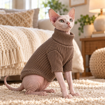 Ortekor Cozy Cat Turtleneck Sweater & Sherpa Vest Set - Cool-Weather Indoor Layers for Hairless & Short-Haired Cats
