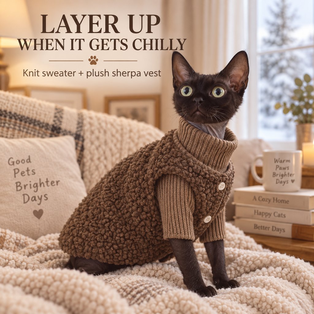 Ortekor Cozy Cat Turtleneck Sweater & Sherpa Vest Set - Cool-Weather Indoor Layers for Hairless & Short-Haired Cats