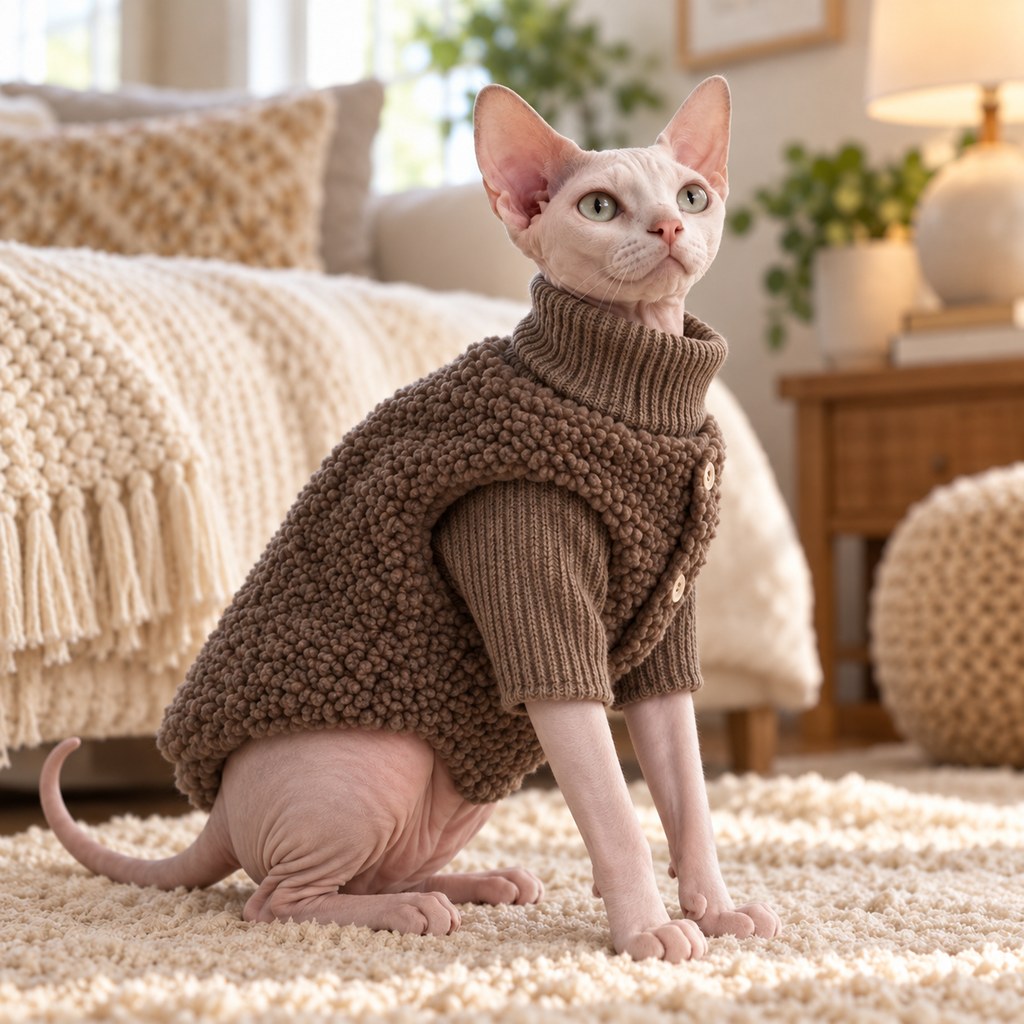 Ortekor Cozy Cat Turtleneck Sweater & Sherpa Vest Set - Cool-Weather Indoor Layers for Hairless & Short-Haired Cats