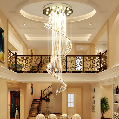 Spiral Crystal Raindrop Chandelier Chrome Finish Contemporary Lighting for Staircase Foyer High Ceiling Entryway Multi-Tier LED Fixture