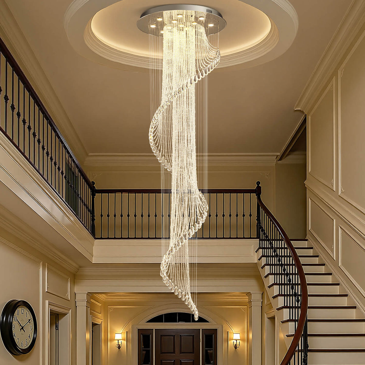 Spiral Crystal Raindrop Chandelier Chrome Finish Contemporary Lighting for Staircase Foyer High Ceiling Entryway Multi-Tier LED Fixture