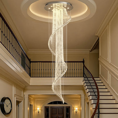 Spiral Crystal Raindrop Chandelier Chrome Finish Contemporary Lighting for Staircase Foyer High Ceiling Entryway Multi-Tier LED Fixture