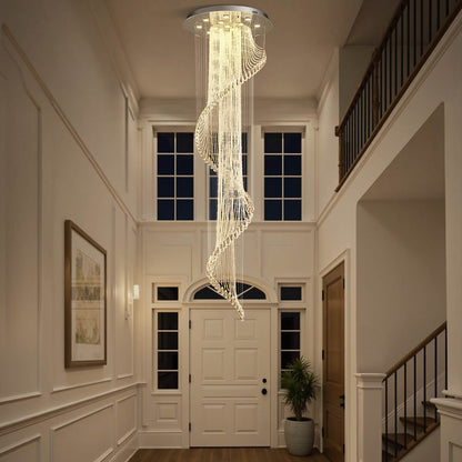 Spiral Crystal Raindrop Chandelier Chrome Finish Contemporary Lighting for Staircase Foyer High Ceiling Entryway Multi-Tier LED Fixture