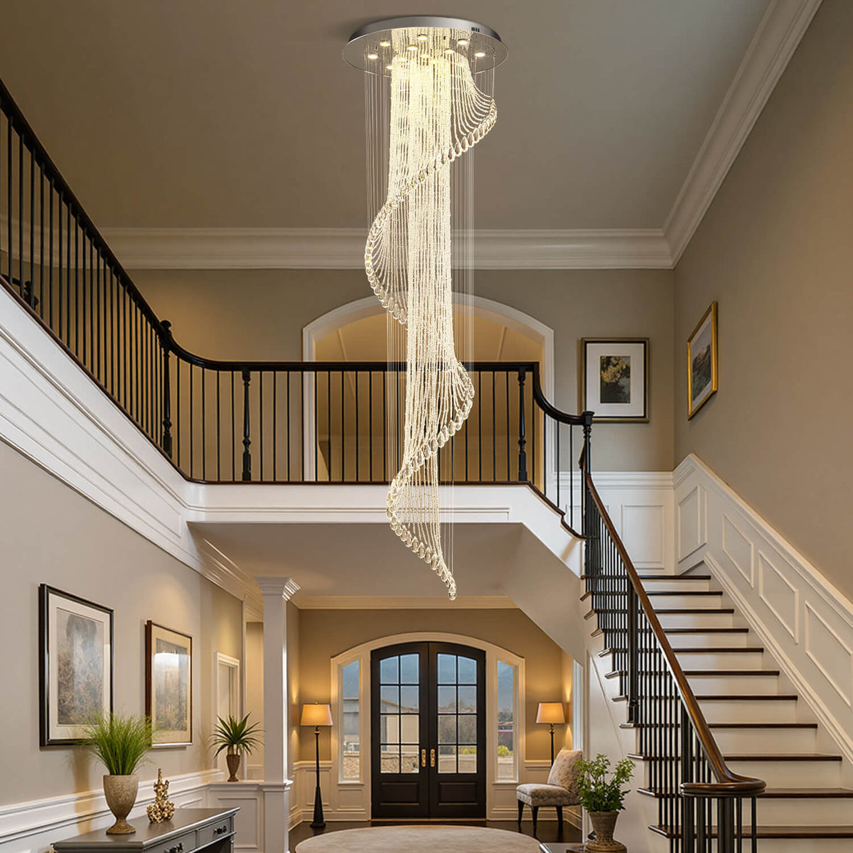 Spiral Crystal Raindrop Chandelier Chrome Finish Contemporary Lighting for Staircase Foyer High Ceiling Entryway Multi-Tier LED Fixture