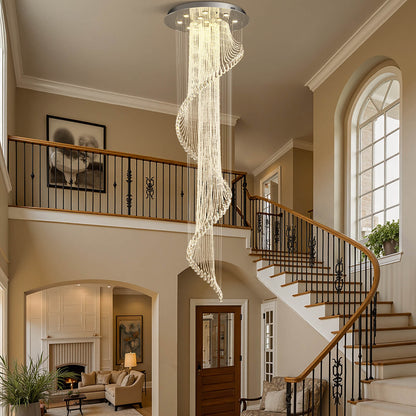 Spiral Crystal Raindrop Chandelier Chrome Finish Contemporary Lighting for Staircase Foyer High Ceiling Entryway Multi-Tier LED Fixture