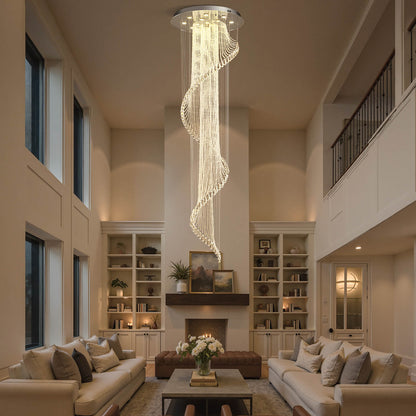 Spiral Crystal Pendant Light for Stairwell Foyer Entryway 118 in Drop Chrome Finish GU10 Socket High Ceiling Statement Fixture Two-Story Hal