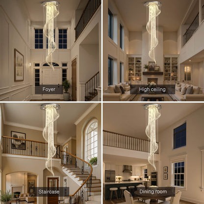 Spiral Crystal Pendant Light for Stairwell Foyer Entryway 118 in Drop Chrome Finish GU10 Socket High Ceiling Statement Fixture Two-Story Hal