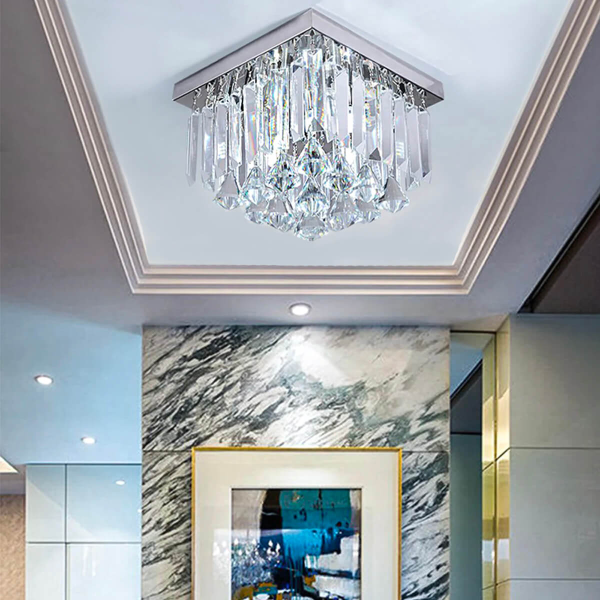 Sparkling Flush-Mount Light Fixture Chrome Finish 2-Bulb Candelabra Base for Dining Room Entryway Kitchen Bedroom Hallway