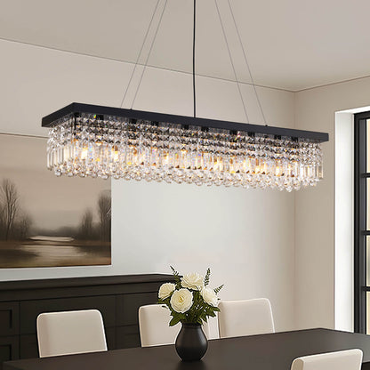 Linear Crystal Pendant Light 47 in Matte Black Rectangular Hanging Fixture for Kitchen Island Dining Table Modern Raindrop Lighting