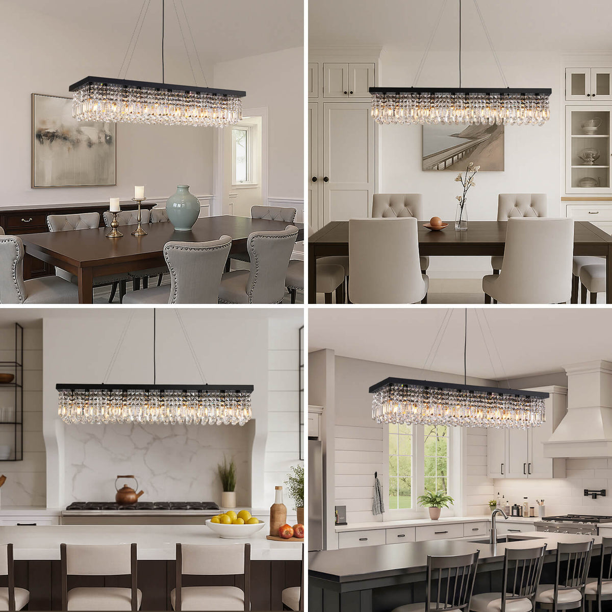 Linear Crystal Pendant Light 47 in Matte Black Rectangular Hanging Fixture for Kitchen Island Dining Table Modern Raindrop Lighting