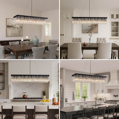Linear Crystal Pendant Light 47 in Matte Black Rectangular Hanging Fixture for Kitchen Island Dining Table Modern Raindrop Lighting
