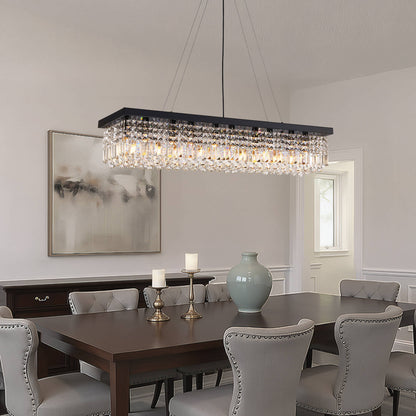 Linear Crystal Pendant Light 47 in Matte Black Rectangular Hanging Fixture for Kitchen Island Dining Table Modern Raindrop Lighting