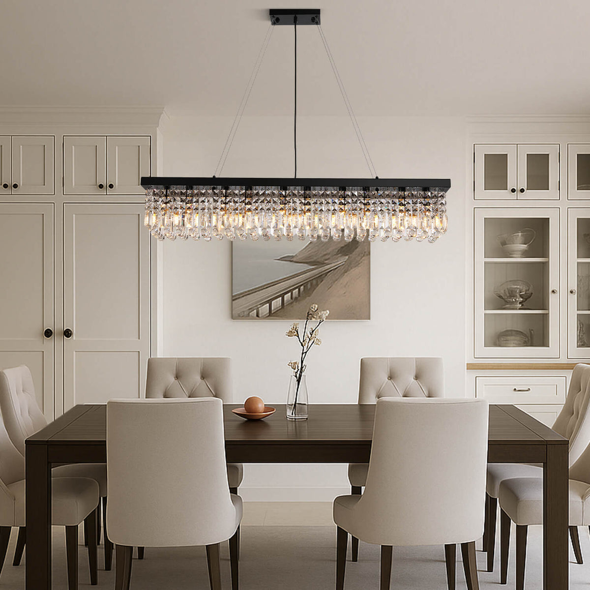 Linear Crystal Pendant Light 47 in Matte Black Rectangular Hanging Fixture for Kitchen Island Dining Table Modern Raindrop Lighting