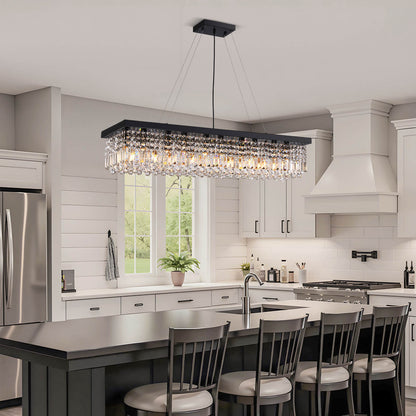 Linear Crystal Chandelier Black Metal Frame Dining Room Kitchen Island Pendant Raindrop E12 Multi-Light Fixture Adjustable Height