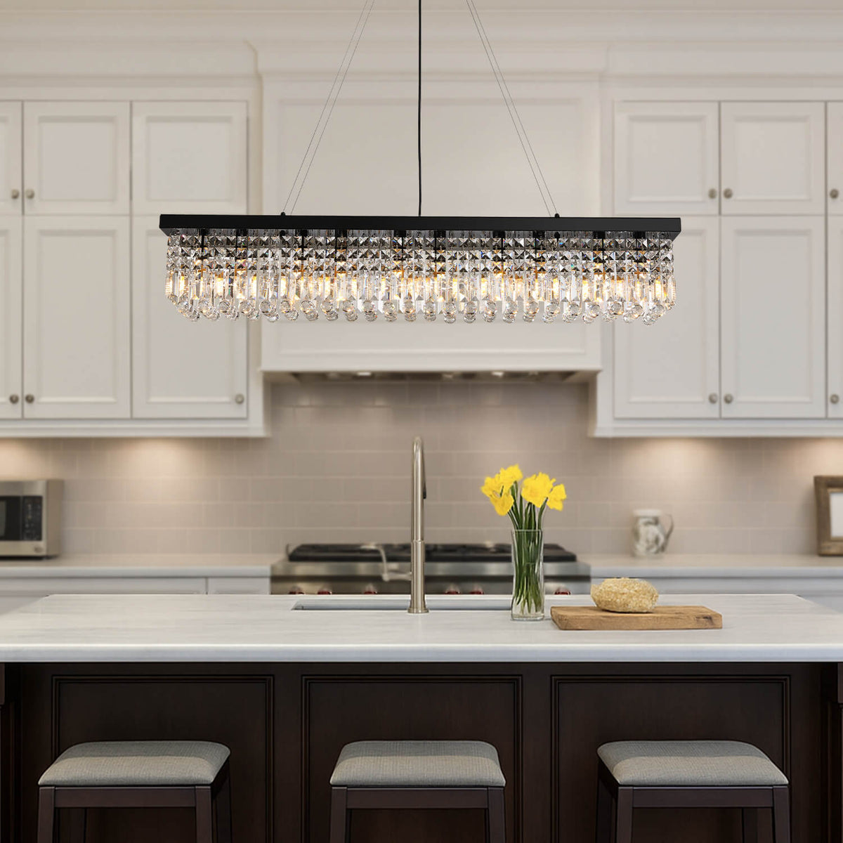 Linear Crystal Chandelier Black Metal Frame Dining Room Kitchen Island Pendant Raindrop E12 Multi-Light Fixture Adjustable Height