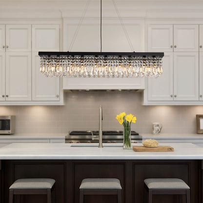 Linear Crystal Chandelier Black Metal Frame Dining Room Kitchen Island Pendant Raindrop E12 Multi-Light Fixture Adjustable Height