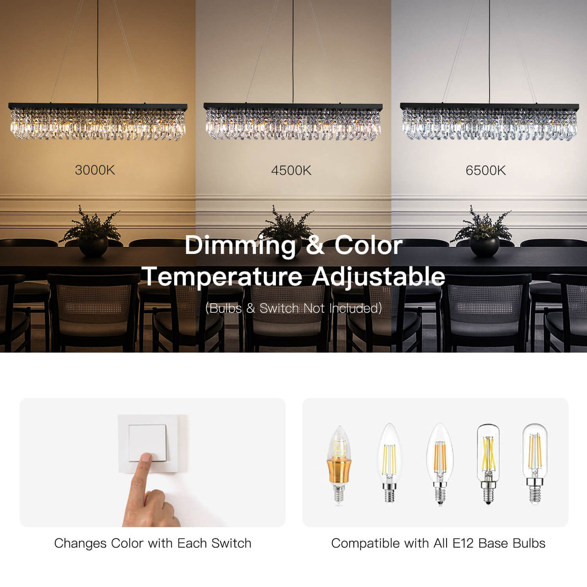 Linear Crystal Pendant Light 47 in Matte Black Rectangular Hanging Fixture for Kitchen Island Dining Table Modern Raindrop Lighting