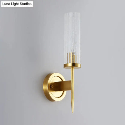 Cylinder Wall Sconce Light Fixture Gold Finish Clear Prism Glass Shade Corner Mount Modern Hallway Bedroom Bathroom Entryway Lighting