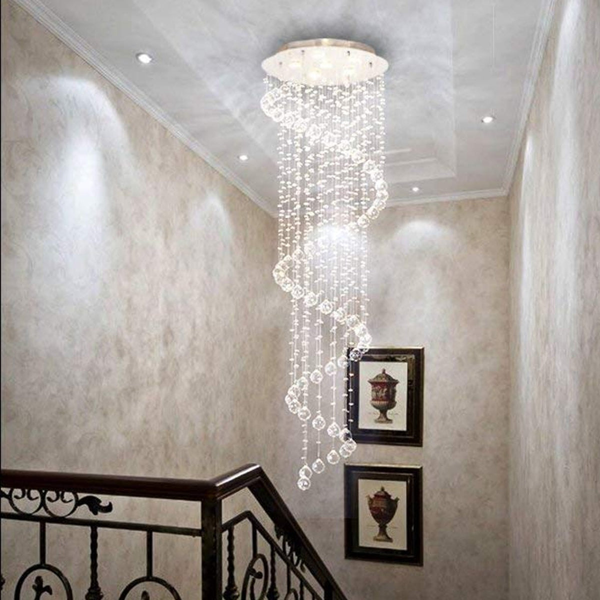 Hanging Raindrop Chandelier with Multi-Tier Clear Faceted Beads & Polished Metal Canopy for Foyer & Stairwell