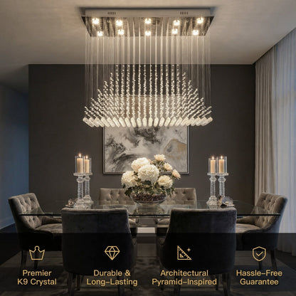 Rectangular Crystal Chandelier with Pyramid Design, 10-Light Stainless Steel Hanging Fixture for Dining Room, Kitchen Island & Living Room