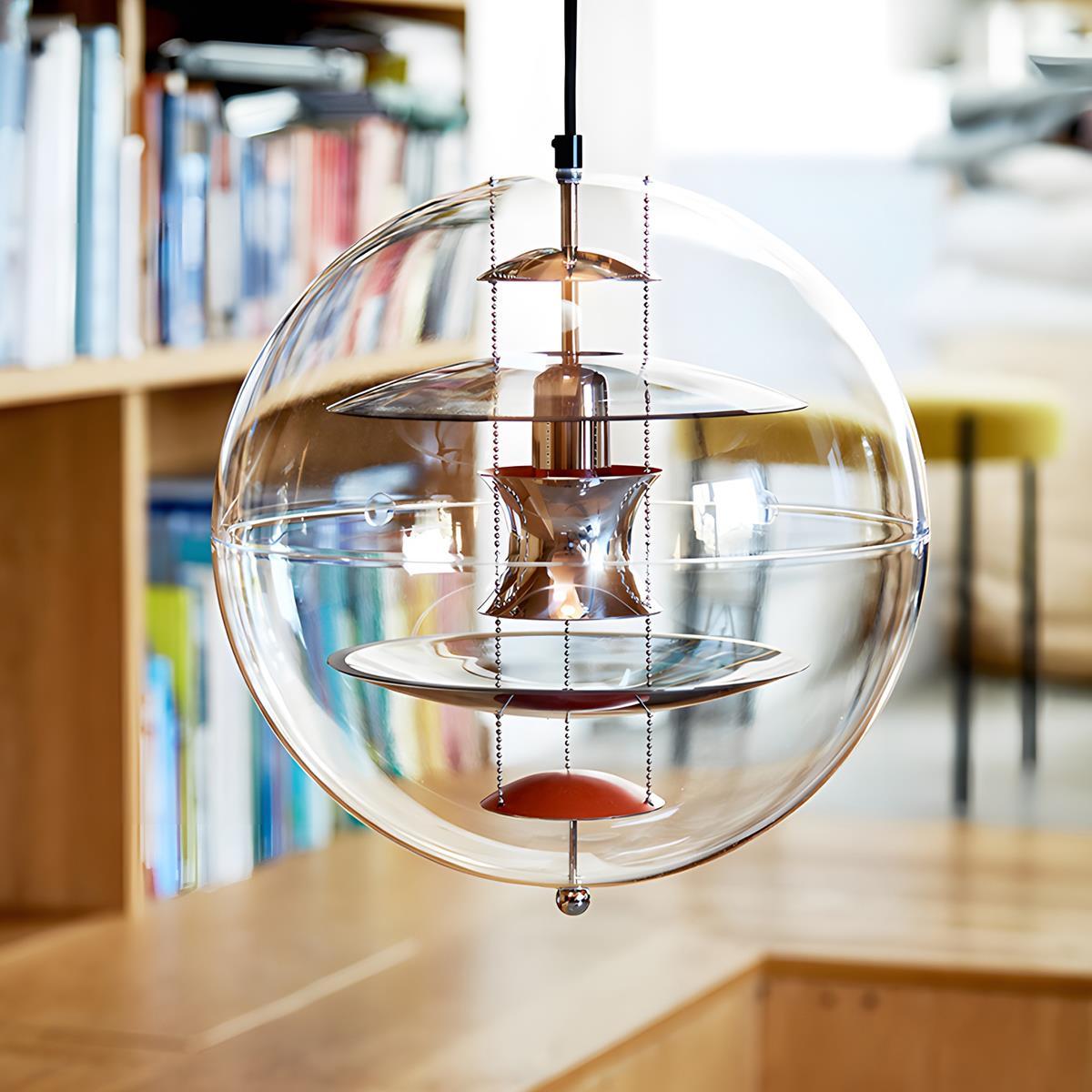 Lámpara colgante LED esférica de 16 pulgadas, acrílico transparente con interior dorado, lámpara colgante ajustable para isla de cocina, mesa de comedor, sala de estar y bar