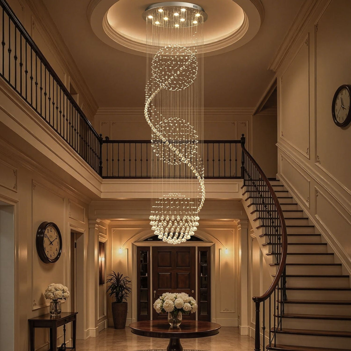 Spiral Crystal Raindrop Chandelier with Three Cascading Tiers for High Ceilings