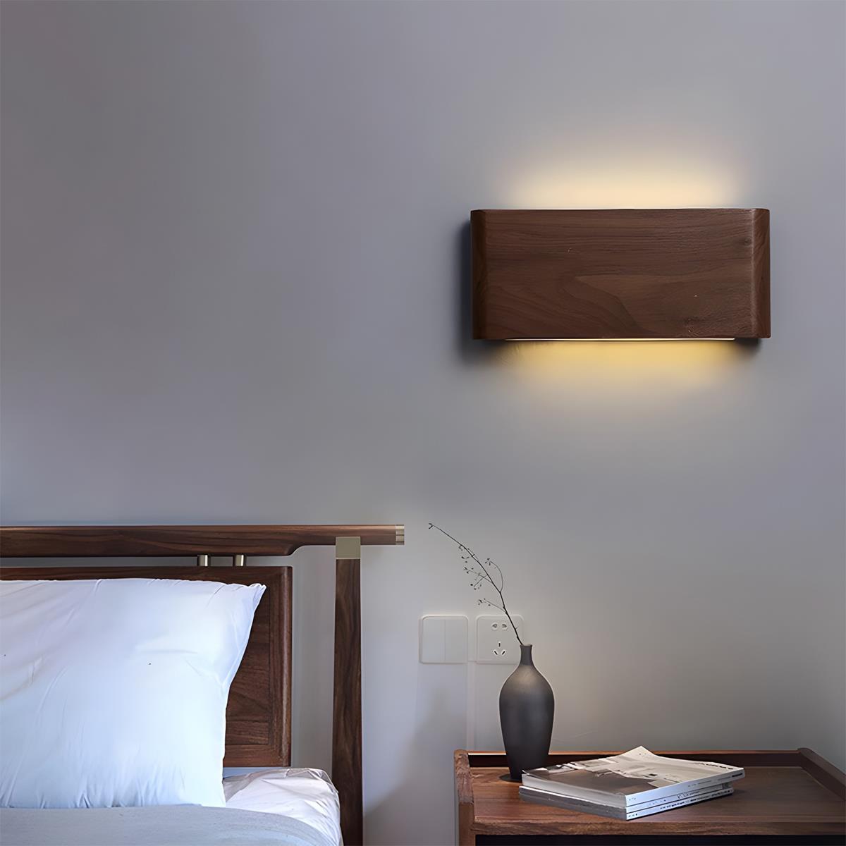 Aplique de pared LED rectangular de madera de nogal, 8 pulgadas, modos de luz ajustables, para dormitorio, pasillo, sala de estar, estilo moderno, minimalista, Japandi, escandinavo, interior