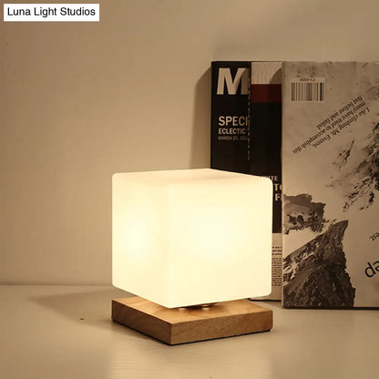 White Glass Reading Lamp with Wood Base - Single E26 Socket Floor Light for Bedroom Office Living Room