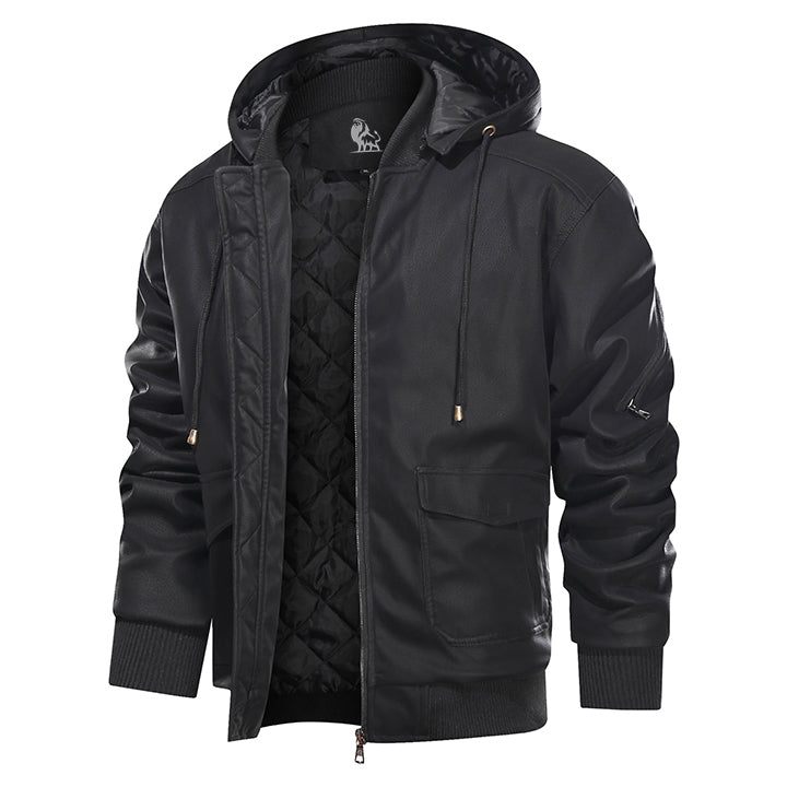 Hooded Faux Leather Jacket with Removable Hood – Waterproof Motorcycle Jacket for Men