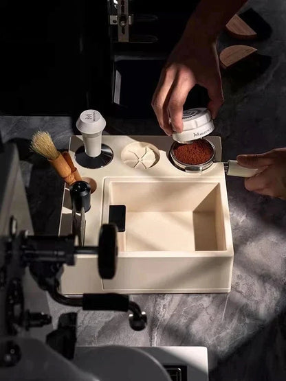 Espresso Tamping Mat with Integrated Knock Box for Home Baristas – Adjustable Portafilter Rest & Grounds Container