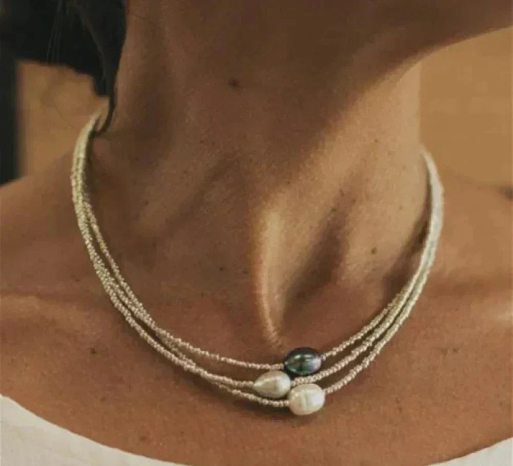 Faux Pearl Necklace with Crystal Accents – Polished Metal Setting – Women's Statement Jewelry for Everyday & Special Occasions