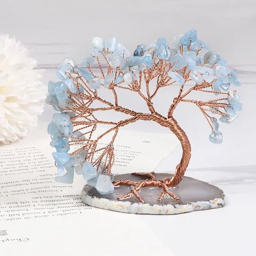 Natural Stone Bonsai Sculpture with Blue-Green Crystals for Desk, Shelf, Office & Meditation Spaces, Handcrafted Wire Branch Accent Piece