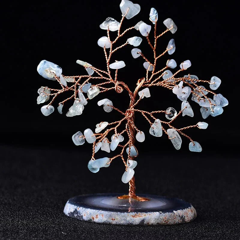 Natural Stone Bonsai Sculpture with Blue-Green Crystals for Desk, Shelf, Office & Meditation Spaces, Handcrafted Wire Branch Accent Piece