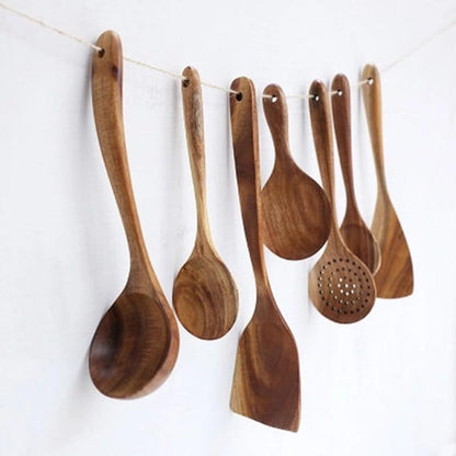 Juego de utensilios de cocina de madera de teca natural con diseño duradero | Colección de 8 piezas para cocinar sin esfuerzo