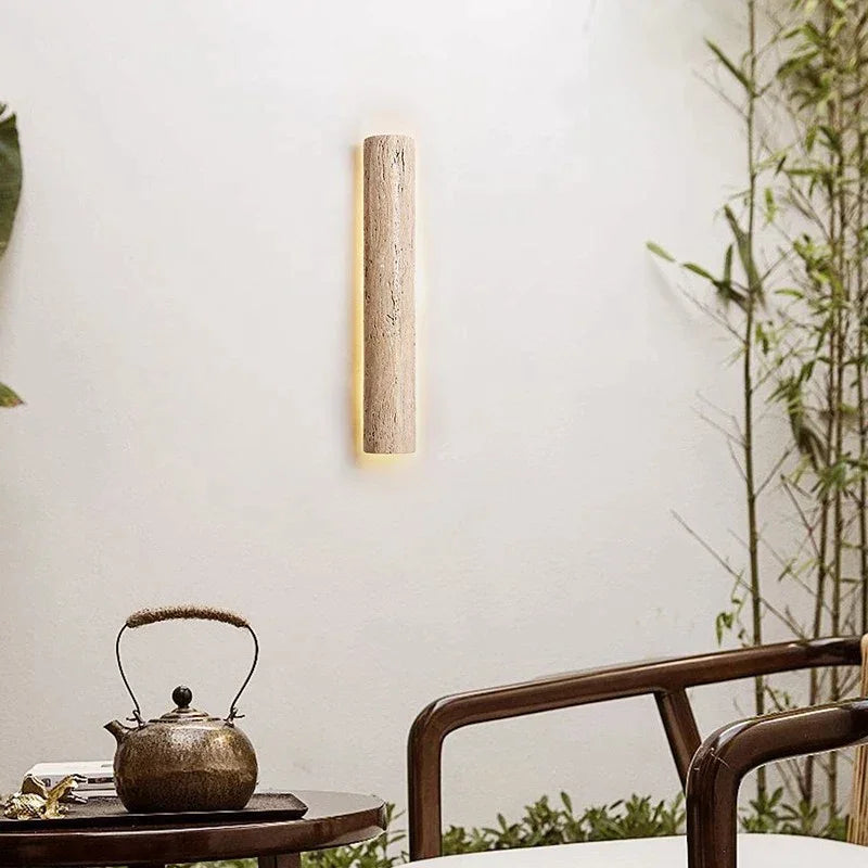Travertine Stone LED Sconce Light 14 in Taupe Minimalist Fixture Bathroom Bedroom Hallway Vertical Indoor Japandi Corridor Ambient Lighting