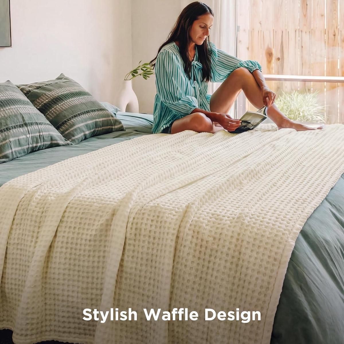 Cozy Haven | Manta de nido de abeja refrescante para cama queen, de algodón y bambú ligero | Manta de verano suave para personas calurosas