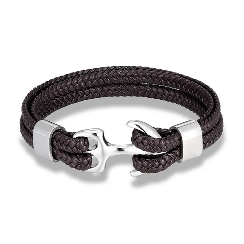 Leather Wrist Band with Marine Anchor Charm for Men | Adjustable Strap Accessory for Casual & Dressy Wear | Stainless Steel Hardware