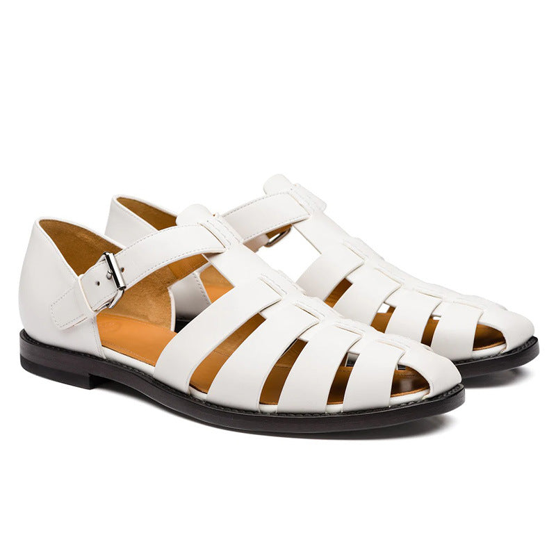 Closed-Toe Leather Sandals for Men with Adjustable Buckle Strap | Summer Casual Footwear | Breathable Open Design | Rubber Sole