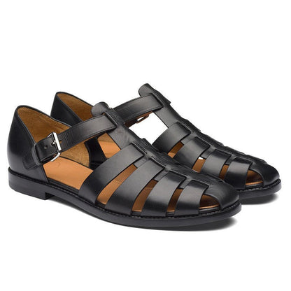 Closed-Toe Leather Sandals for Men with Adjustable Buckle Strap | Summer Casual Footwear | Breathable Open Design | Rubber Sole