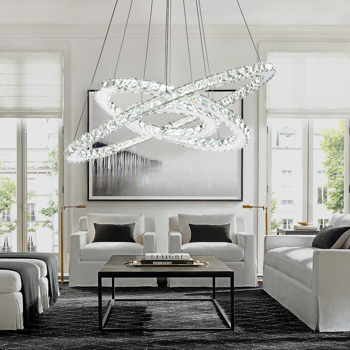 Adjustable Circle Hanging Light Fixture with K9 Crystal Accents for Dining Room & Living Room
