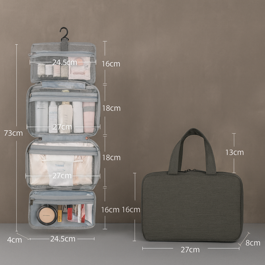 Compact Roll-Up Travel Toiletry Organizer with Hook & Clear Compartments for Bathroom Essentials