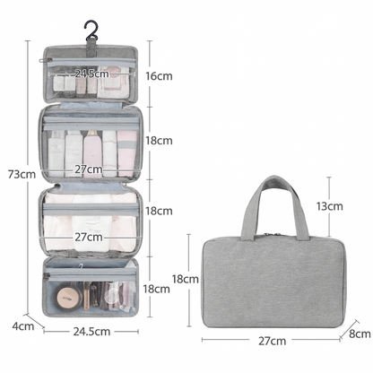Compact Roll-Up Travel Toiletry Organizer with Hook & Clear Compartments for Bathroom Essentials