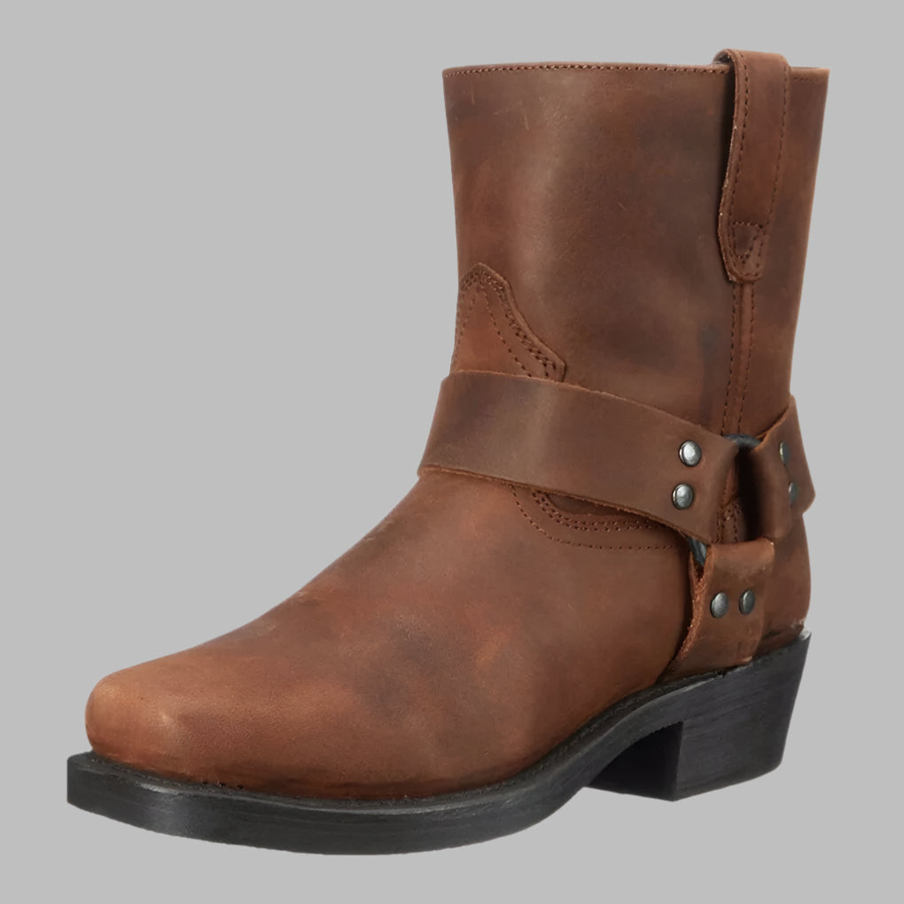 Men's Slip-On Western Harness Boots – Genuine Leather, Low Heel, Mid-Calf Height for Casual & Outdoor Wear