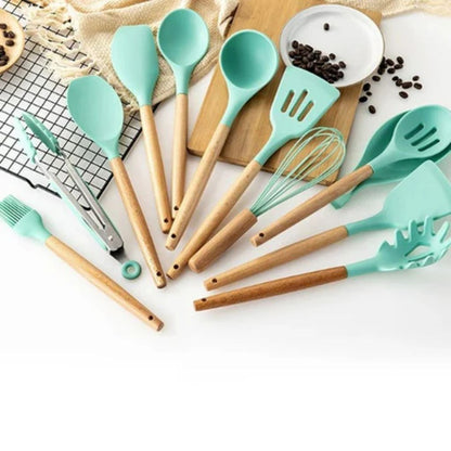 11-Piece Silicone Kitchen Utensil Set with Natural Wood Handles – Heat-Safe to 450°F, Dishwasher Safe, Non-Stick Friendly Tool Kit for